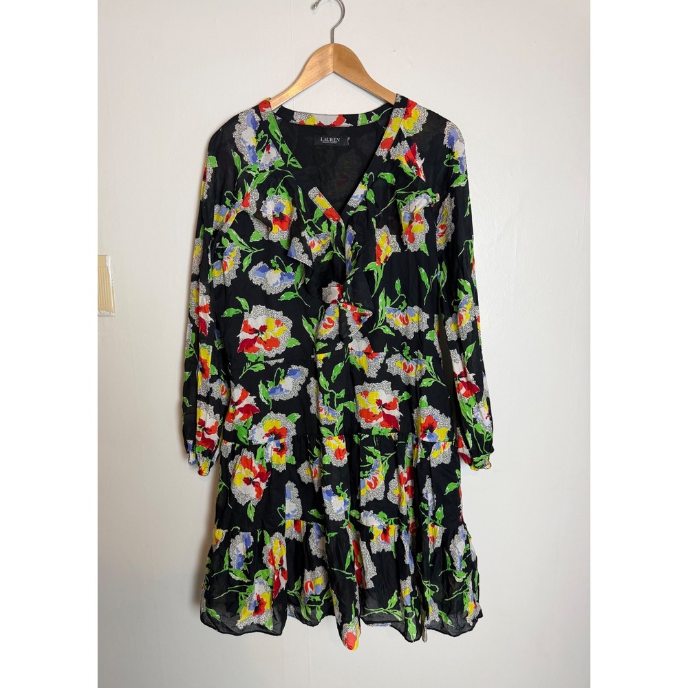 Lauren Ralph Lauren Black Floral Ruffle Cotton Midi dress Cottagecore boho large